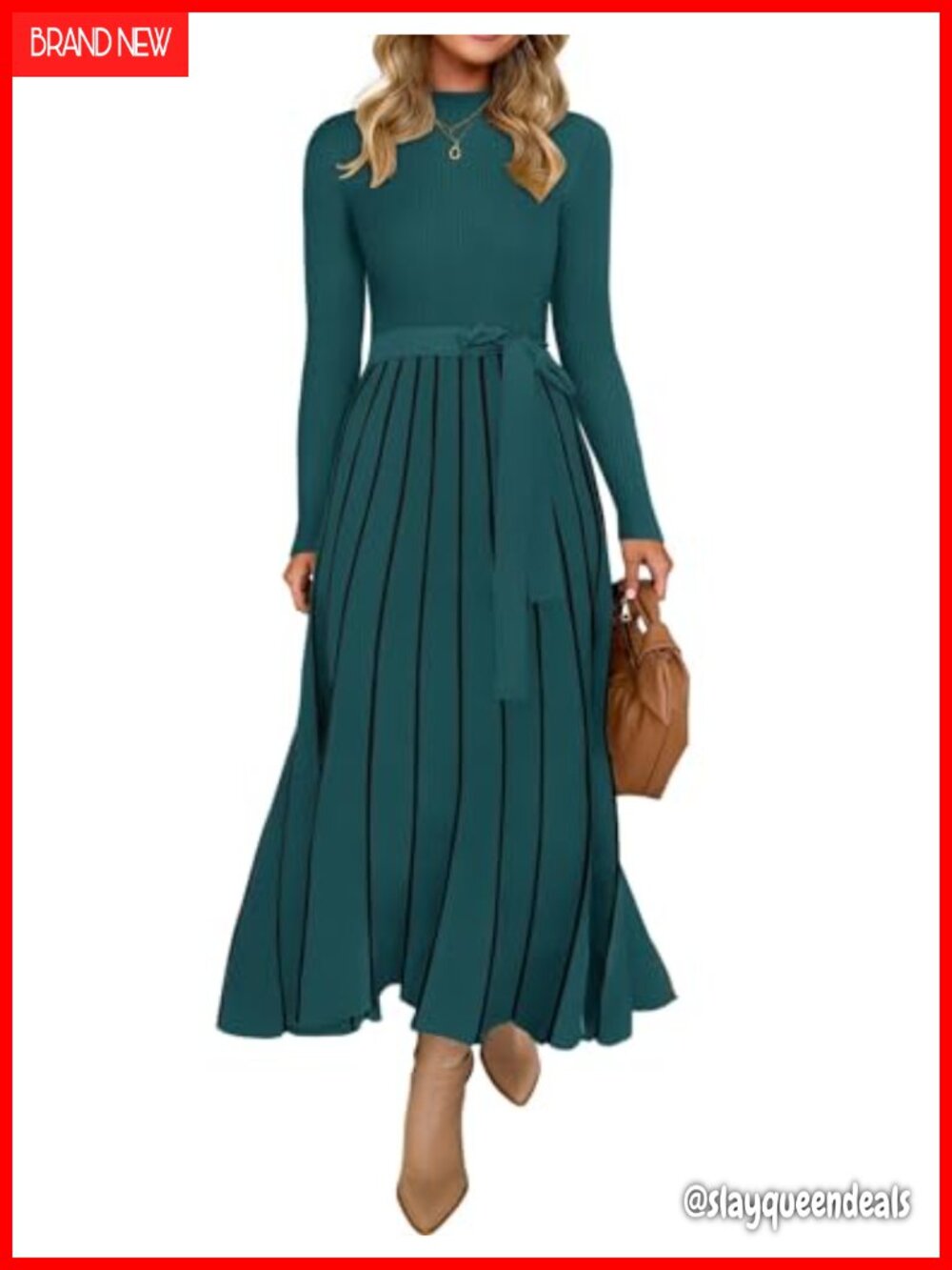 Sweater Dress Women Long Sleeve Turtleneck Maxi A-Line Belted Casual